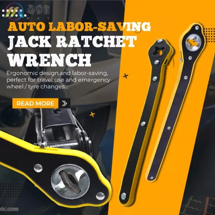 Arenzza auto labor-saving jack ratchet wrench for car repairs, shown in use with a close-up of the wrench in a mechanic's hand