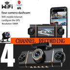 Arenzza 4-channel HD dashcam showing front, interior, and rear cameras mounted inside a vehicle for recording driving footage.
