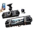 Arenzza 4-channel HD dashcam showing front, interior, and rear camera lenses mounted in a car for recording.