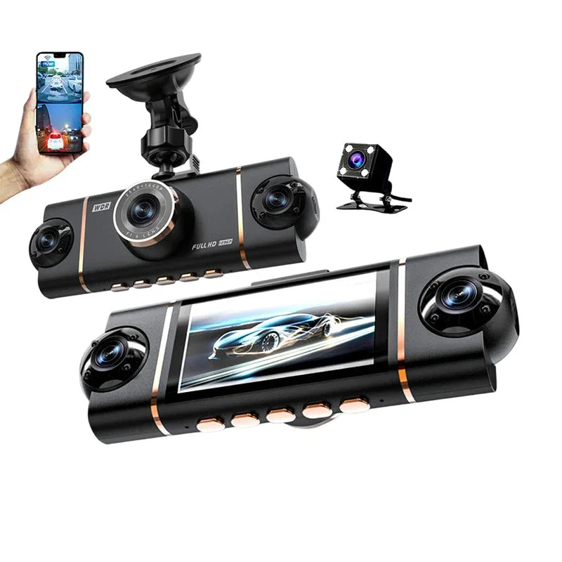 Arenzza 4-channel HD dashcam showing front, interior, and rear camera lenses mounted in a car for recording.