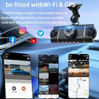 Arenzza 4-channel HD dashcam capturing front, interior, and rear views in a car, with detailed camera lenses visible.
