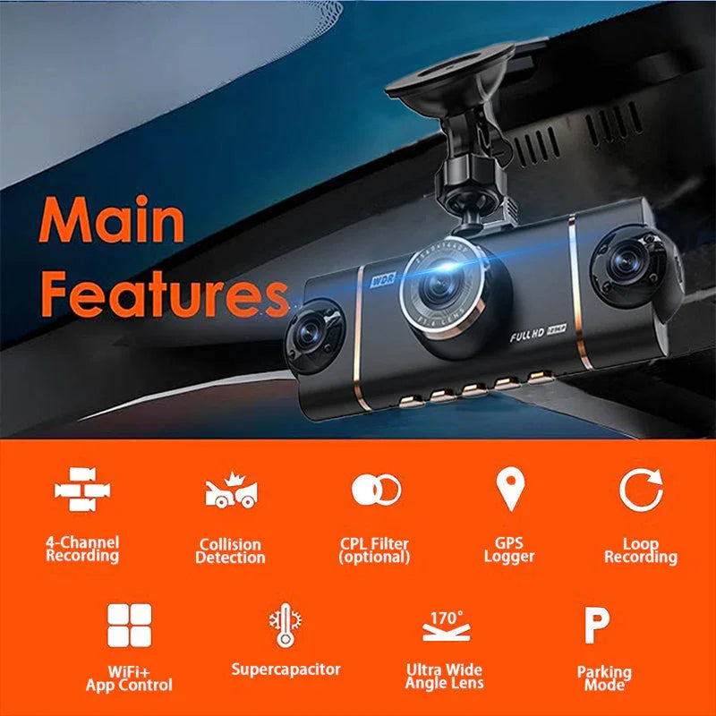 Arenzza 4-channel HD dashcam with front, interior, and rear recording mounted inside a car for comprehensive vehicle footage.