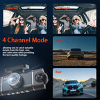 Arenzza 4-channel HD dashcam showing front, interior, and rear cameras mounted inside a car for recording driving footage.