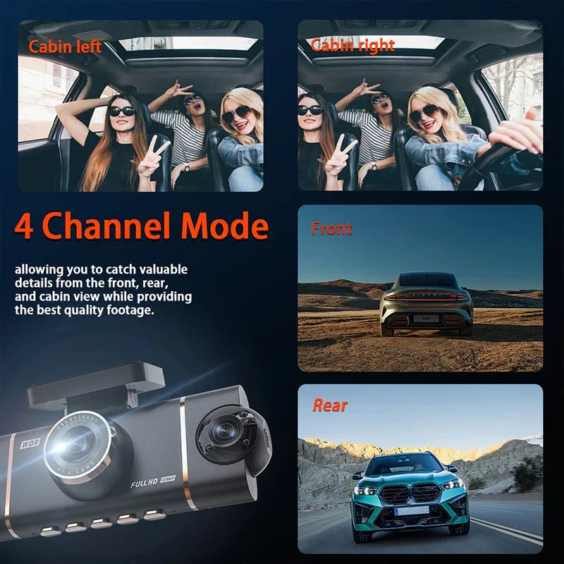 Arenzza 4-channel HD dashcam showing front, interior, and rear cameras mounted inside a car for recording driving footage.