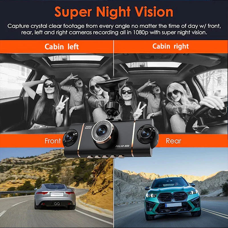 Arenzza 4-channel HD dashcam showing front, interior, and rear recording cameras mounted in a vehicle for car security.