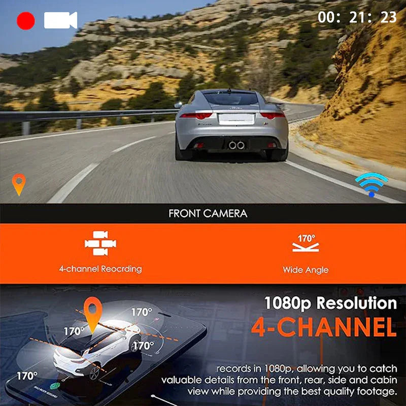 Arenzza 4-channel HD dashcam showing front, interior, and rear recording cameras mounted inside a vehicle.