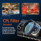 Arenzza 4-channel HD dashcam captures front, interior, and rear views of a car, mounted on the vehicle's windshield.