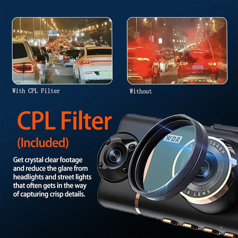 Arenzza 4-channel HD dashcam captures front, interior, and rear views of a car, mounted on the vehicle's windshield.