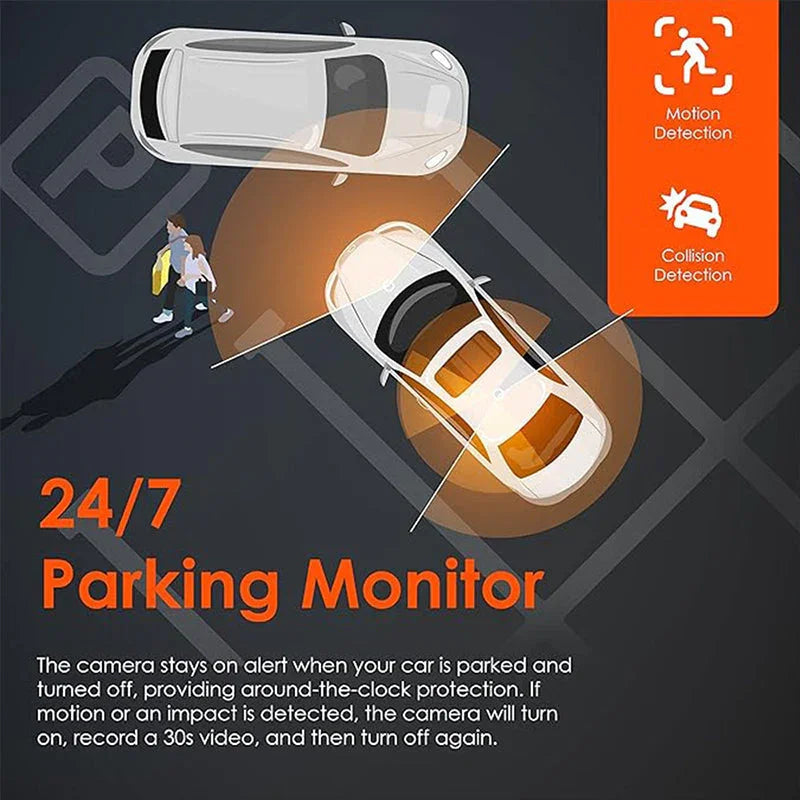 Arenzza 4-channel HD dashcam for cars showing front, interior, and rear recording with compact design and multiple cameras.