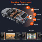 Arenzza 4-channel HD dashcam for cars showing front, interior, and rear cameras mounted inside a vehicle.