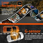 Arenzza 4-channel HD dashcam with front, interior, and rear cameras showing on a car dashboard, capturing multiple angles.