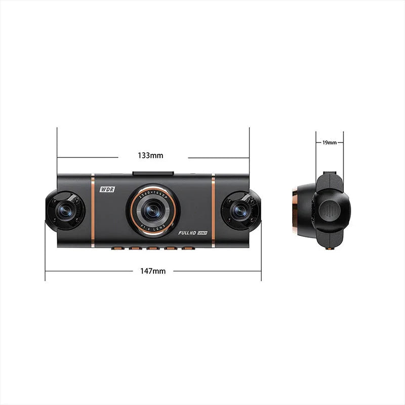 Arenzza 4-channel HD dashcam showing front, interior, and rear cameras mounted in a car for vehicle security and recording.
