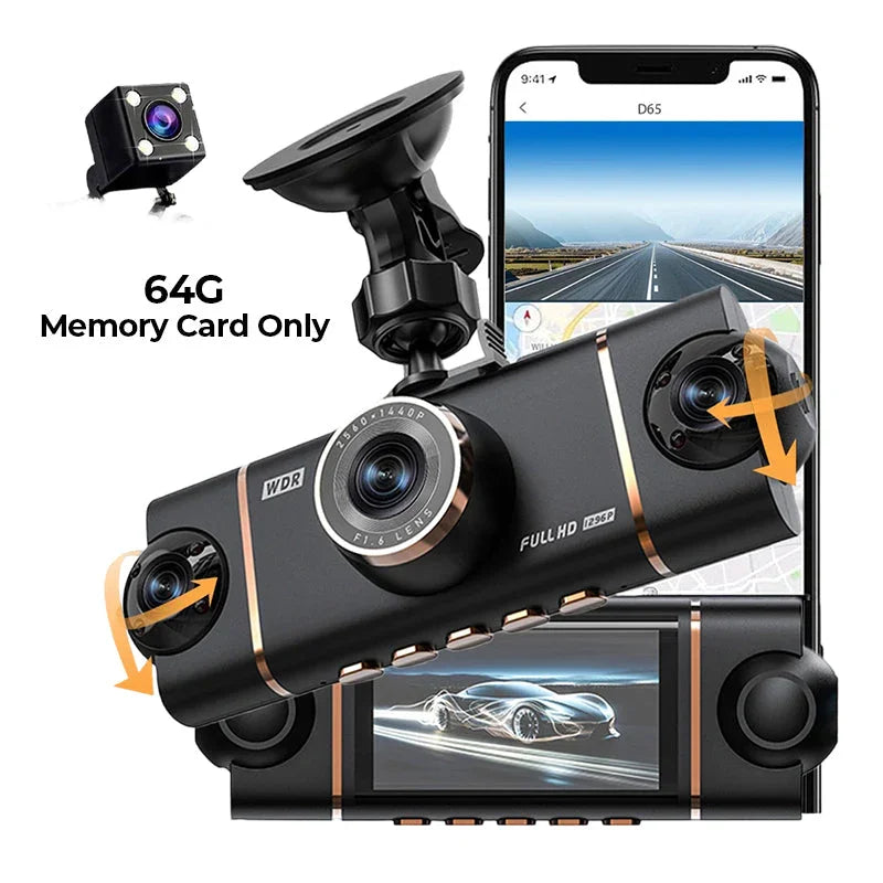 Arenzza 4-channel HD dashcam showing front, interior, and rear cameras mounted inside a vehicle for recording.