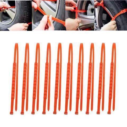 Set of 10 Arenzza anti-skid chains for cars, shown in black metal with hooks, designed for winter tire traction.