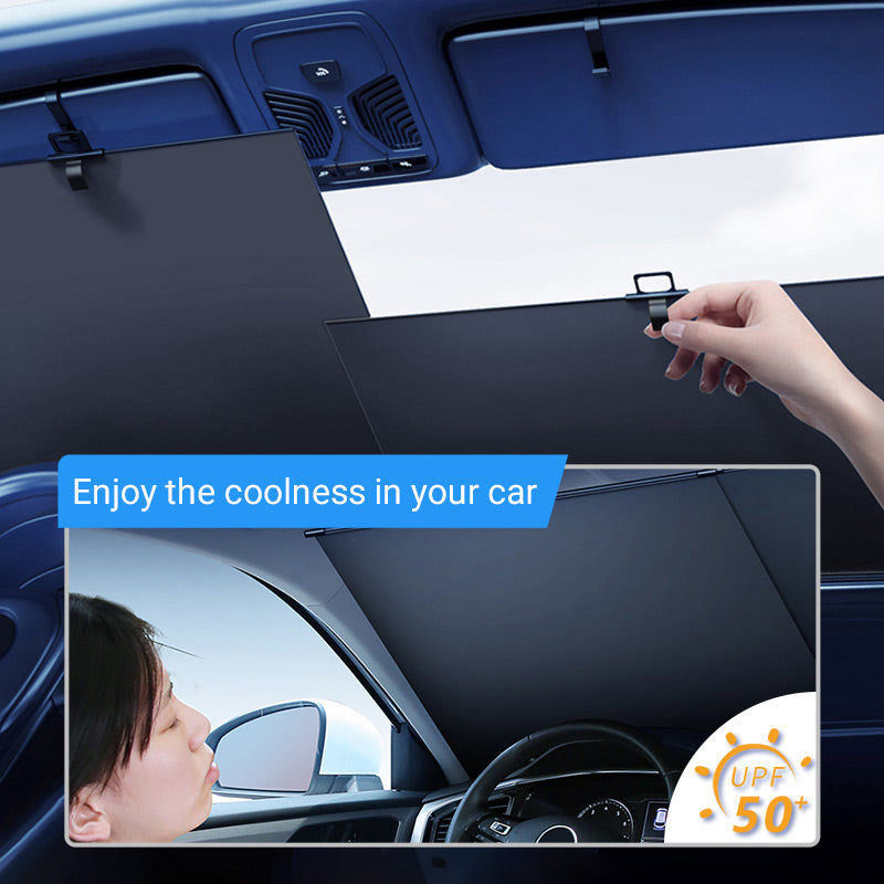 Aarenza car windshield sun shade set with foldable reflective sun shields for effective vehicle sun protection.