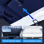 Arenzza car windshield sun shade set with reflective material and foldable design to block sunlight and reduce interior heat.
