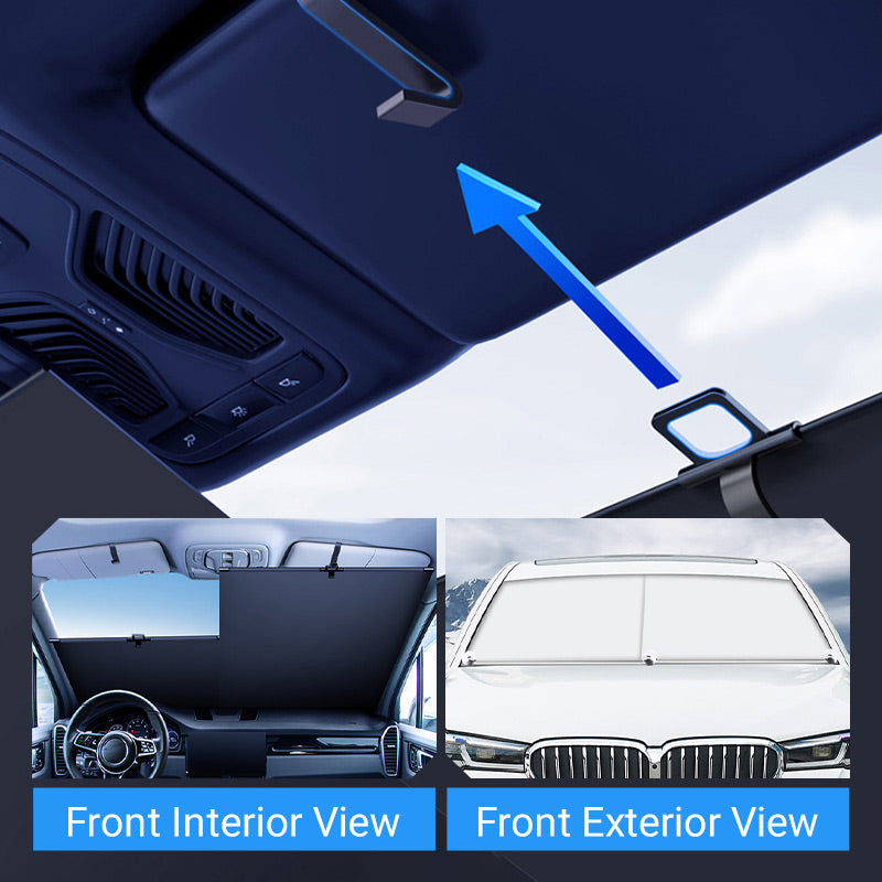 Arenzza car windshield sun shade set with reflective material and foldable design to block sunlight and reduce interior heat.