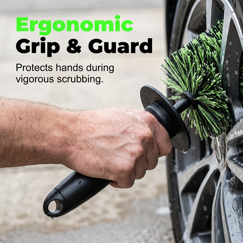 Arenzza wheel barrel cleaning brush with sturdy handle and bristles, designed for car wheel and tire cleaning.