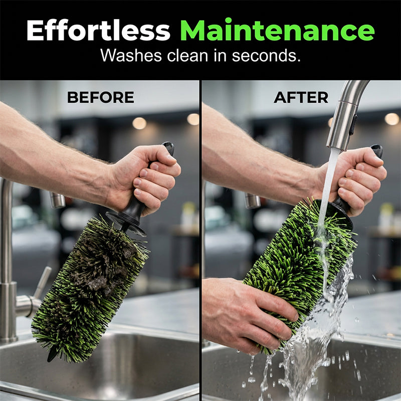 Arenzza Wheel Barrel Cleaning Brush for car accessories, with sturdy bristles and ergonomic handle for easy wheel cleaning.