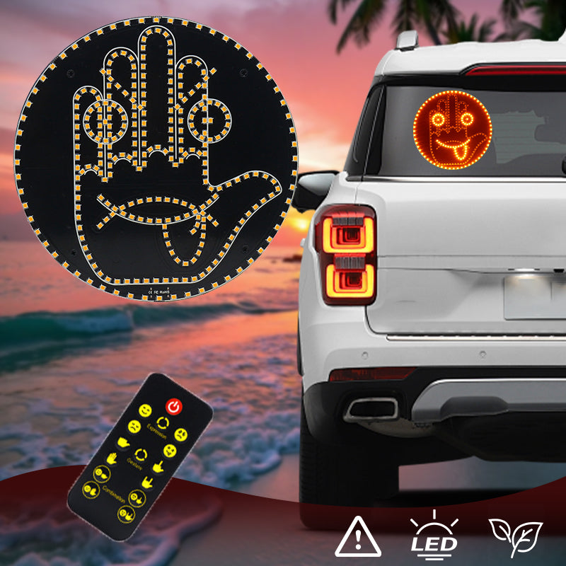 Arenzza Expression & Gesture LED Sign Light for car rear window, showcasing colorful light display and adjustable gesture features.