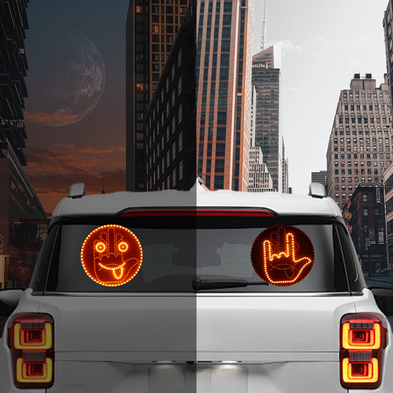 Arenzza Expression & Gesture LED sign light for car rear window, showcasing illuminated symbols and customizable gestures.