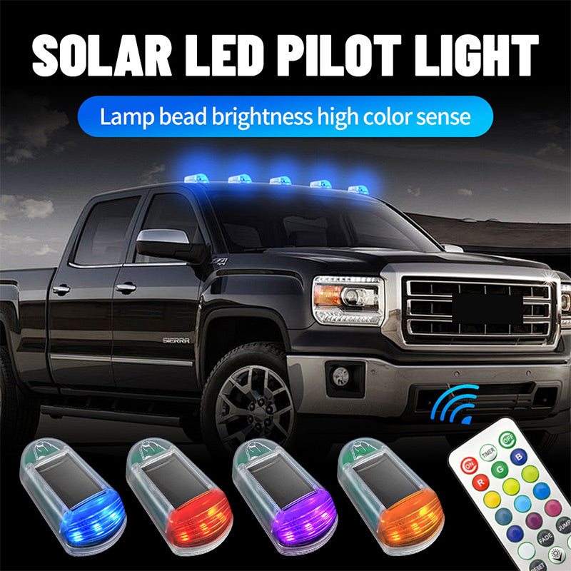 Colorful LED solar-powered car roof light by Arenzza, showing vibrant lights installed on a vehicle's roof for visibility.