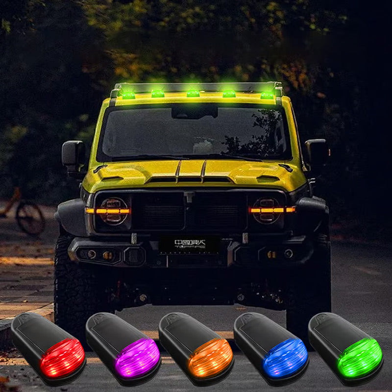 Colorful LED solar-powered car roof light by Arenzza, showcasing vibrant lights on a vehicle's roof for decorative car accessories.
