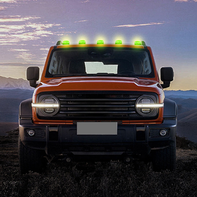 Colorful LED solar-powered car roof light by Arenzza, showcasing vibrant, multi-colored LED lights on a vehicle's roof.