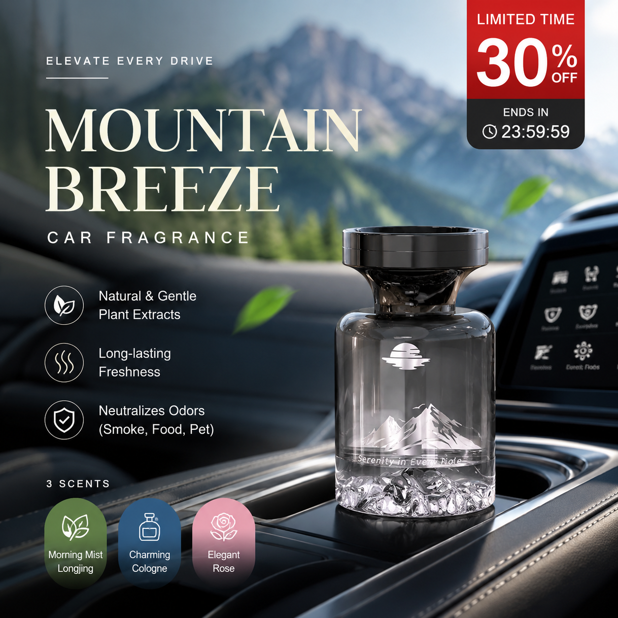 Arenzza 110ml long-lasting car air freshener with mountain design, natural plant extracts, and smoke and pet odour elimination.