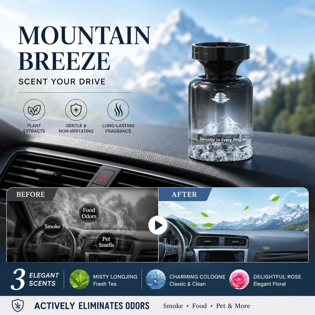 Arenzza 110ml long-lasting car air freshener with mountain design, natural plant extracts, and odor elimination for fresh driving experience.