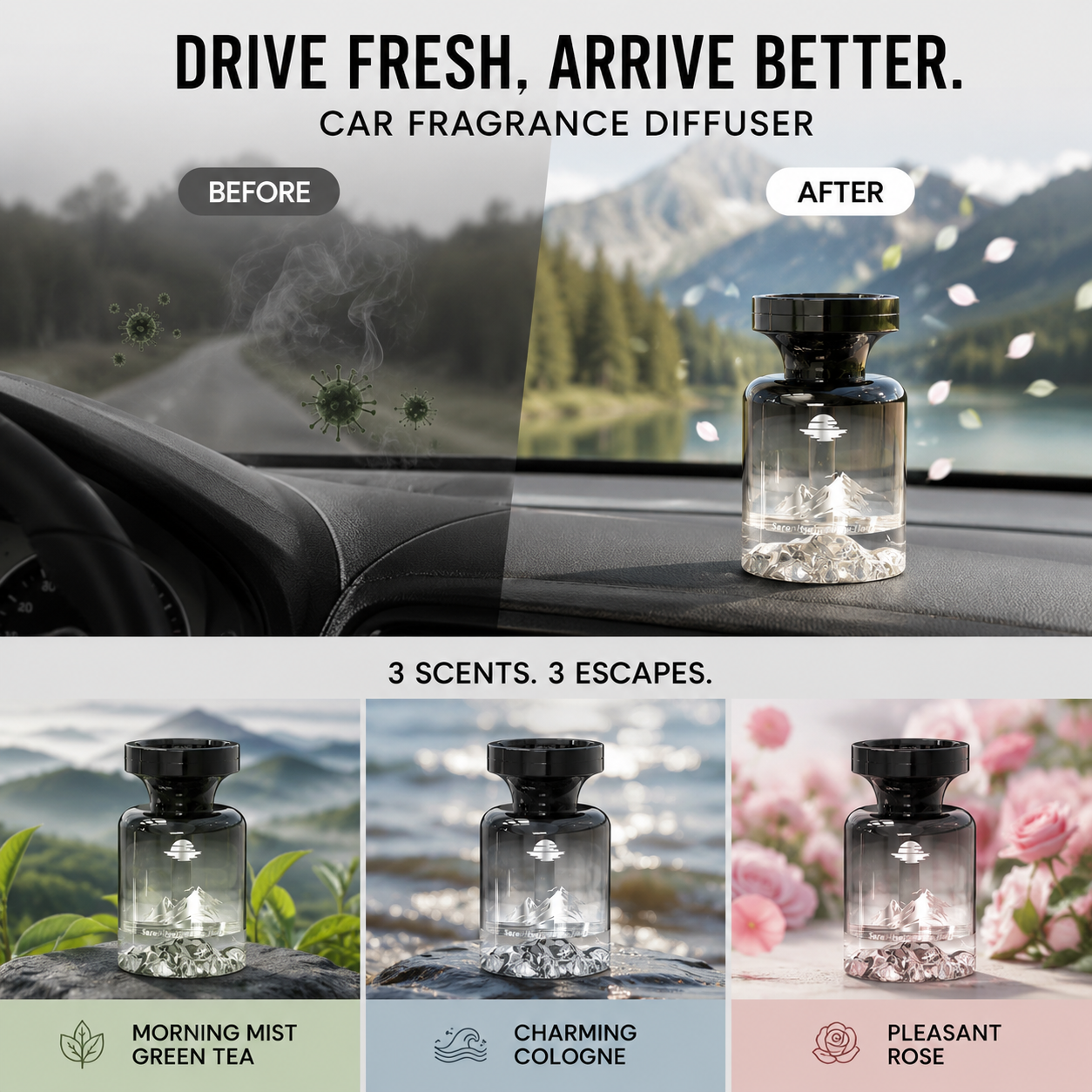 Arenzza 110ml long-lasting car air freshener with mountain design, featuring natural plant extracts to eliminate smoke and pet odors.