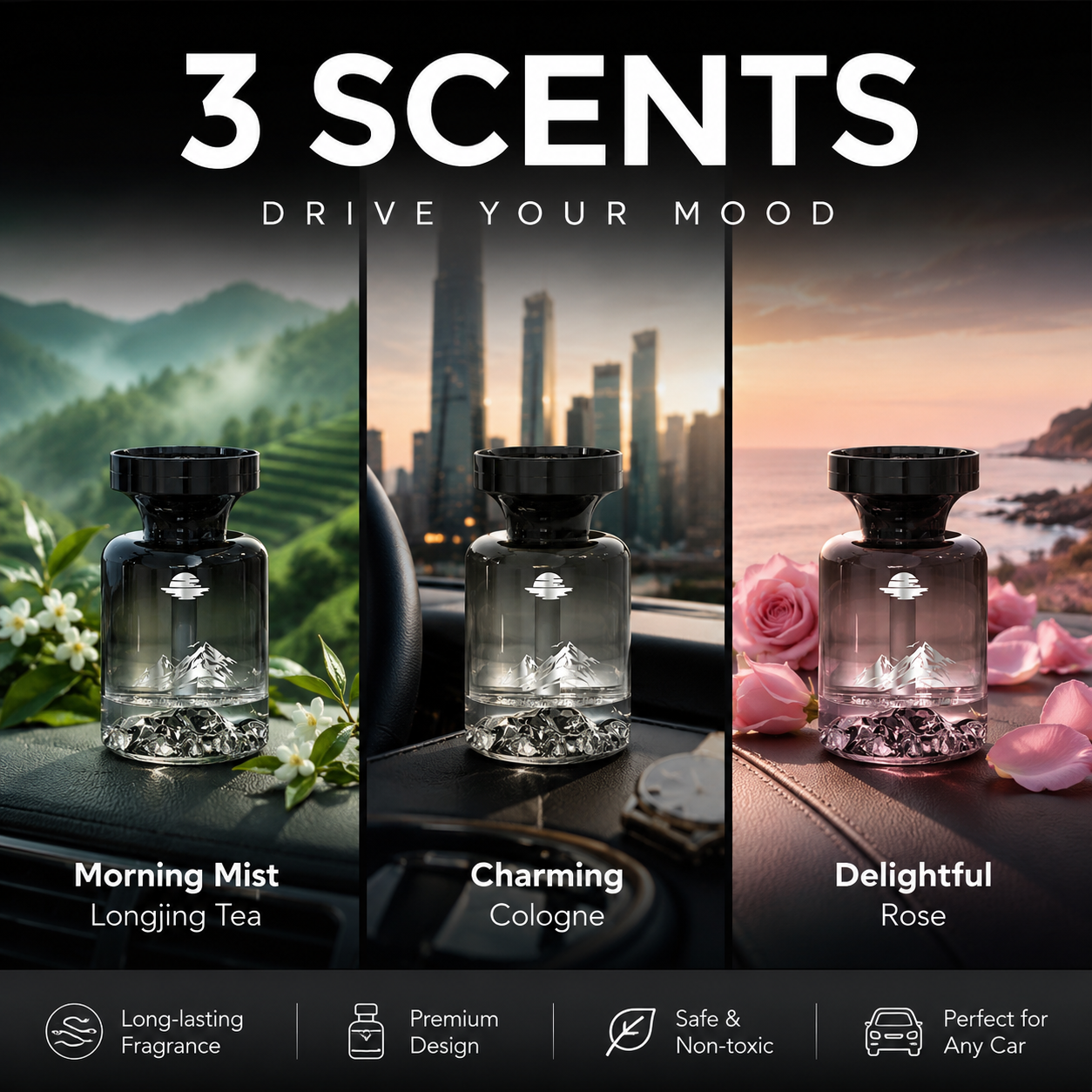 Arenzza 110ml long-lasting car air freshener with mountain design, featuring natural plant extracts to eliminate smoke and pet odors.