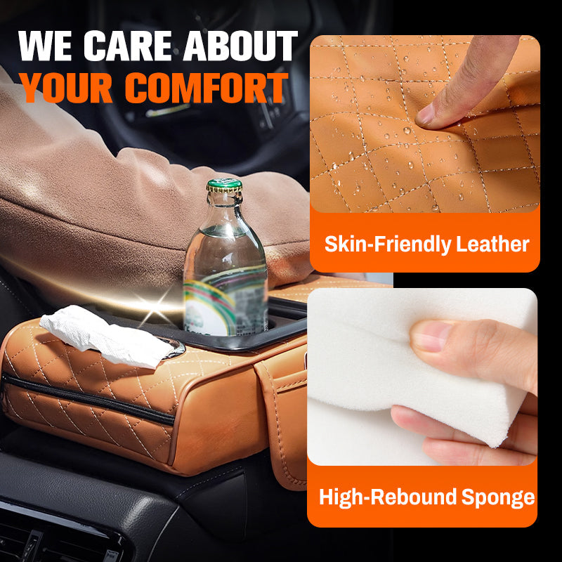 Arenzza multifunctional car armrest cushion in black, designed for comfort and storage, shown installed in a vehicle interior.