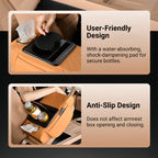Arenzza multifunctional car armrest cushion in black, showing padded surface and adjustable strap for vehicle comfort.