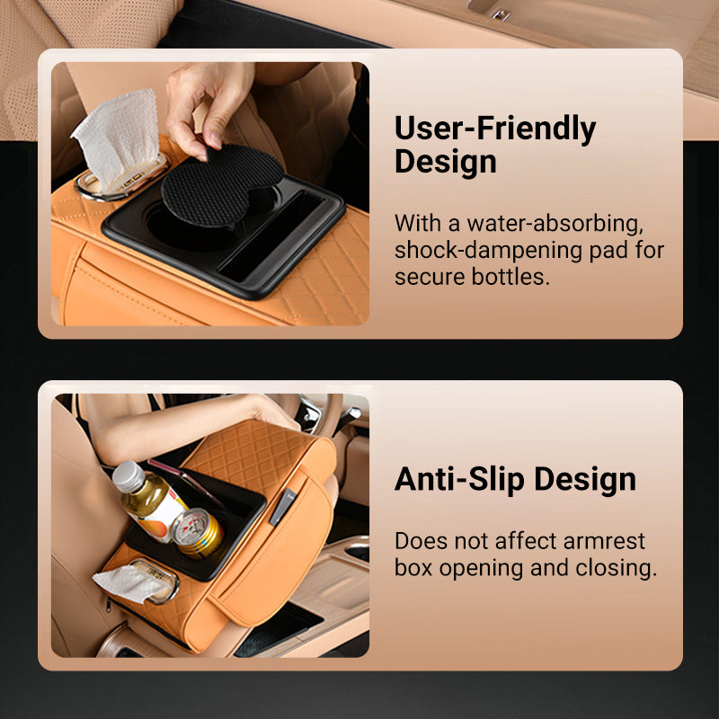 Arenzza multifunctional car armrest cushion in black, showing padded surface and adjustable strap for vehicle comfort.