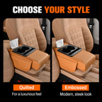 Arenzza multifunctional car armrest cushion in black, showing its padded surface and ergonomic design for comfort during driving.