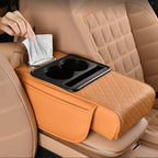 Arenzza multifunctional car armrest cushion in black, designed for comfort and convenience, placed inside a car.
