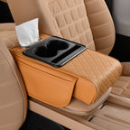 Arenzza multifunctional car armrest cushion in black, showing padded design and adjustable straps for vehicle interior comfort.