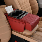 Arenzza multifunctional car armrest cushion in black, showing soft padding and adjustable straps for comfort and support.
