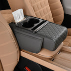 Arenzza multifunctional car armrest cushion in black, designed for comfort and storage in vehicle interior.