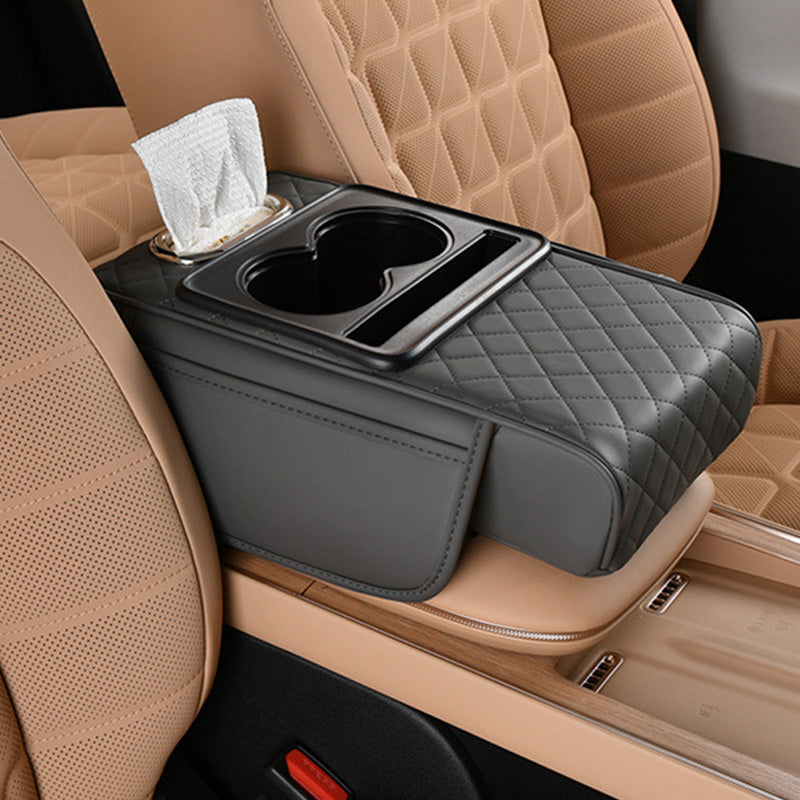 Arenzza multifunctional car armrest cushion in black, designed for comfort and storage in vehicle interior.