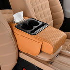 Arenzza multifunctional car armrest cushion in black, showing padded design and adjustable strap for comfortable vehicle interior use.