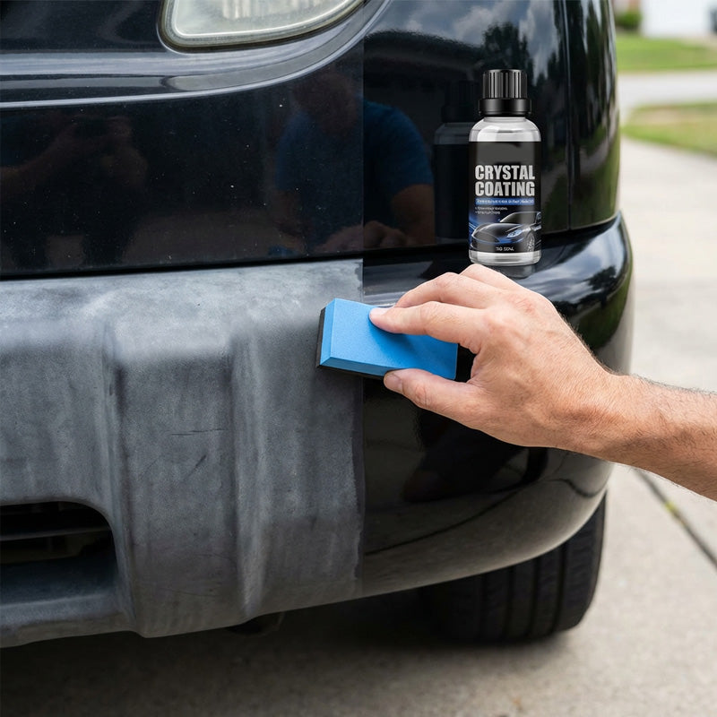 Arenzza Plastics Parts Crystal Coating with Sponge for car accessories, showing a close-up of the coating and sponge applicator.