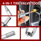 Arenzza quick change car tire valve tool kit with multiple valve adapters and tools for easy tire maintenance.