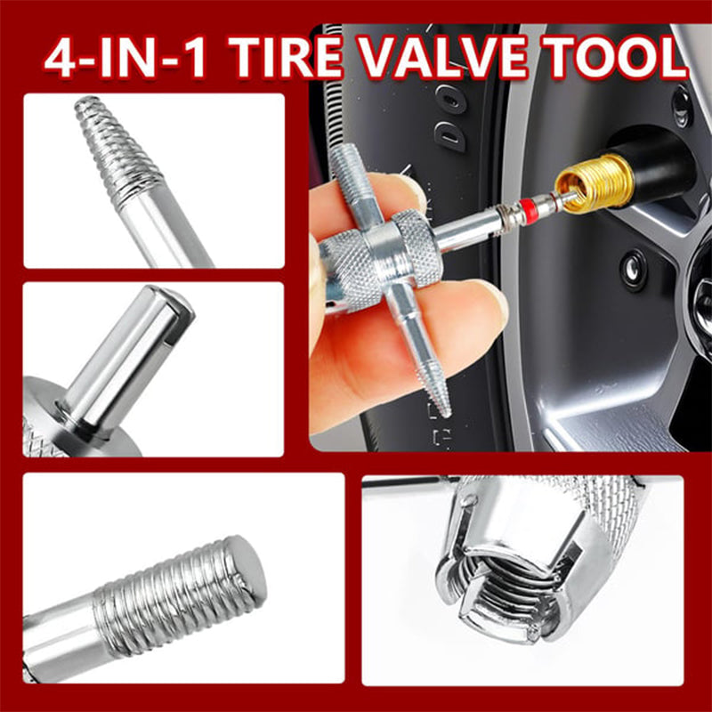 Arenzza quick change car tire valve tool kit with multiple valve adapters and tools for easy tire maintenance.