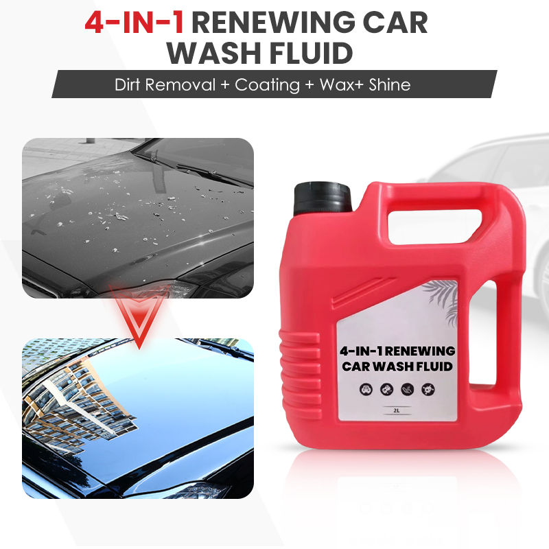 Arenzza 4-in-1 renewing car wash fluid in a clear bottle with a pump dispenser, designed for cleaning and restoring vehicles.