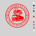 Arenzza car vinyl sticker reading "No Farmers No Food, No Trucks No Deliveries" on a vehicle window, showcasing bold black lettering.
