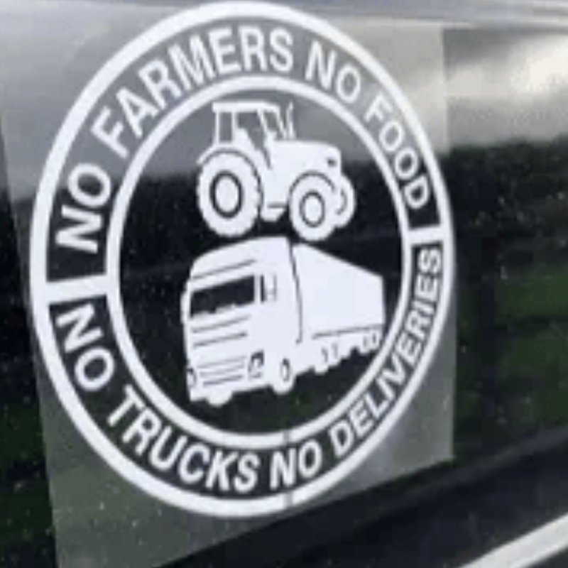 Arenzza car vinyl sticker with the message "No Farmers No Food, No Trucks No Deliveries" on a vehicle window.