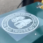 Arenzza car vinyl sticker reading “No Farmers No Food, No Trucks No Deliveries” on a vehicle window, durable car accessory.