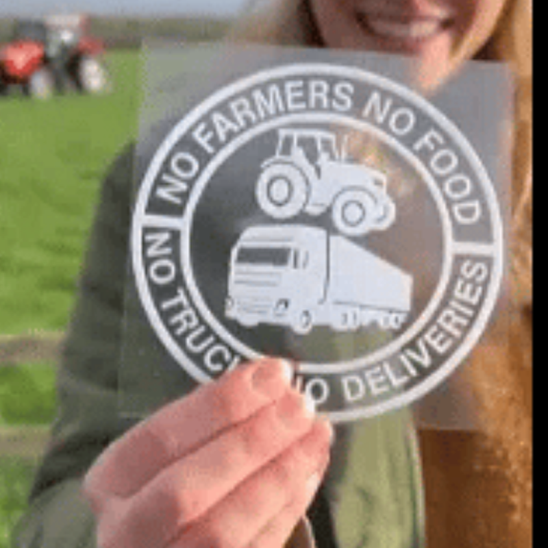 Aarenza car vinyl sticker with "No Farmers No Food, No Trucks No Deliveries" message, featuring bold black and white design.